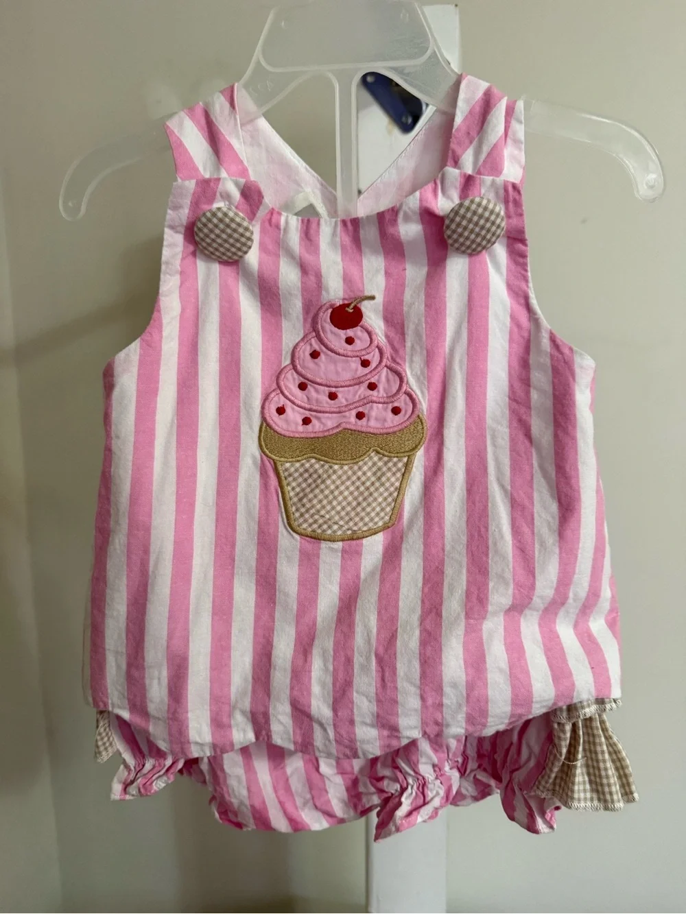 Lil Cactus Pink Striped Cupcake Applique Top & Ruffle Butt Bloomer Set